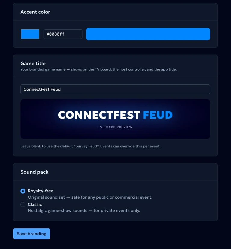 The Stryde Game Hub event configuration screen: an accent color field, a game title field reading “ConnectFest Feud” with a live preview of the board wordmark, a note that a blank title falls back to the platform default and can be overridden per event, and a sound pack selector.