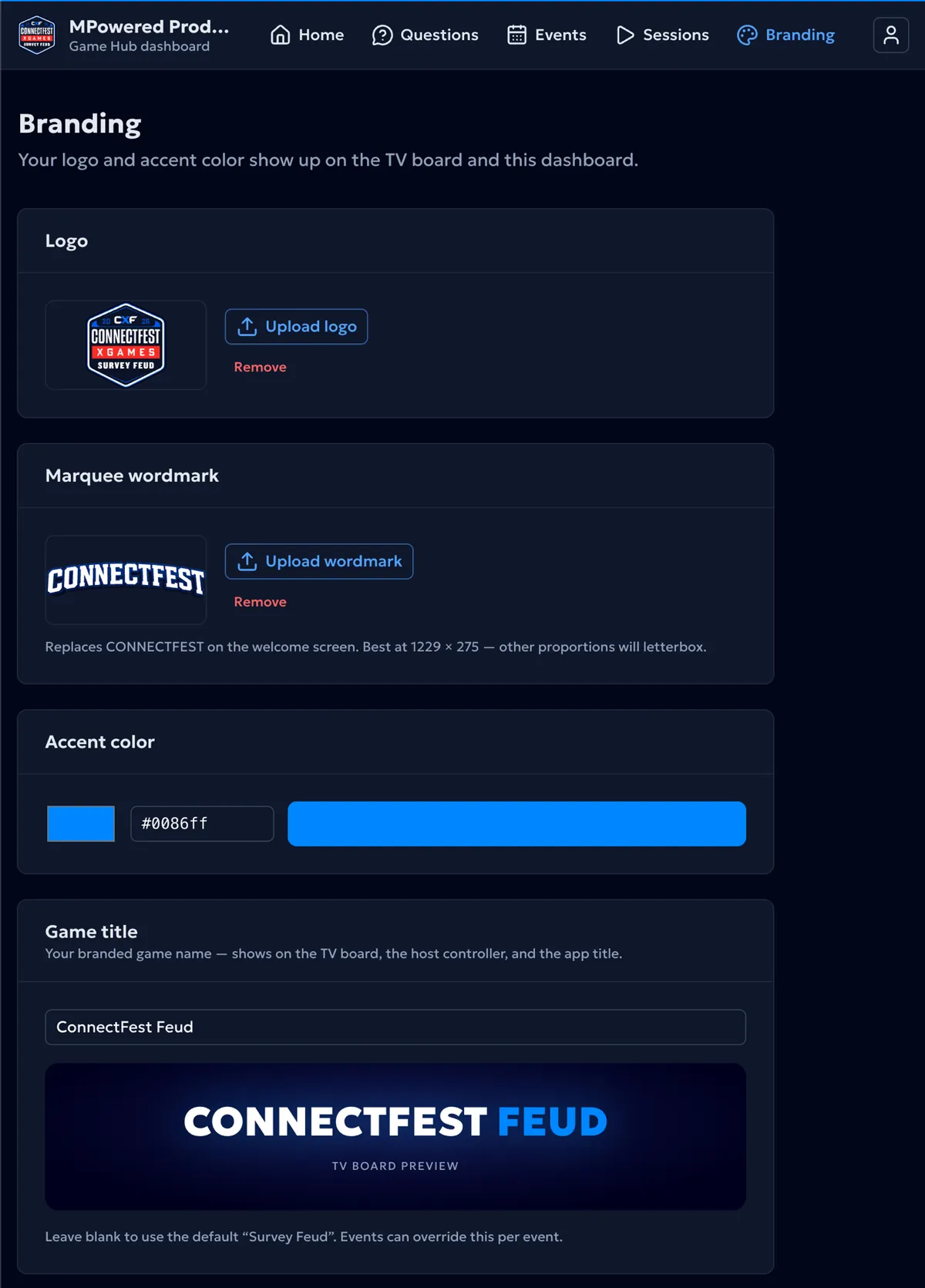 The Stryde Game Hub event setup screen. The event logo, the wordmark shown on the welcome screen, a color picker, and a box for the game’s name reading “ConnectFest Feud” with a live preview of how it will look on the big screen.
