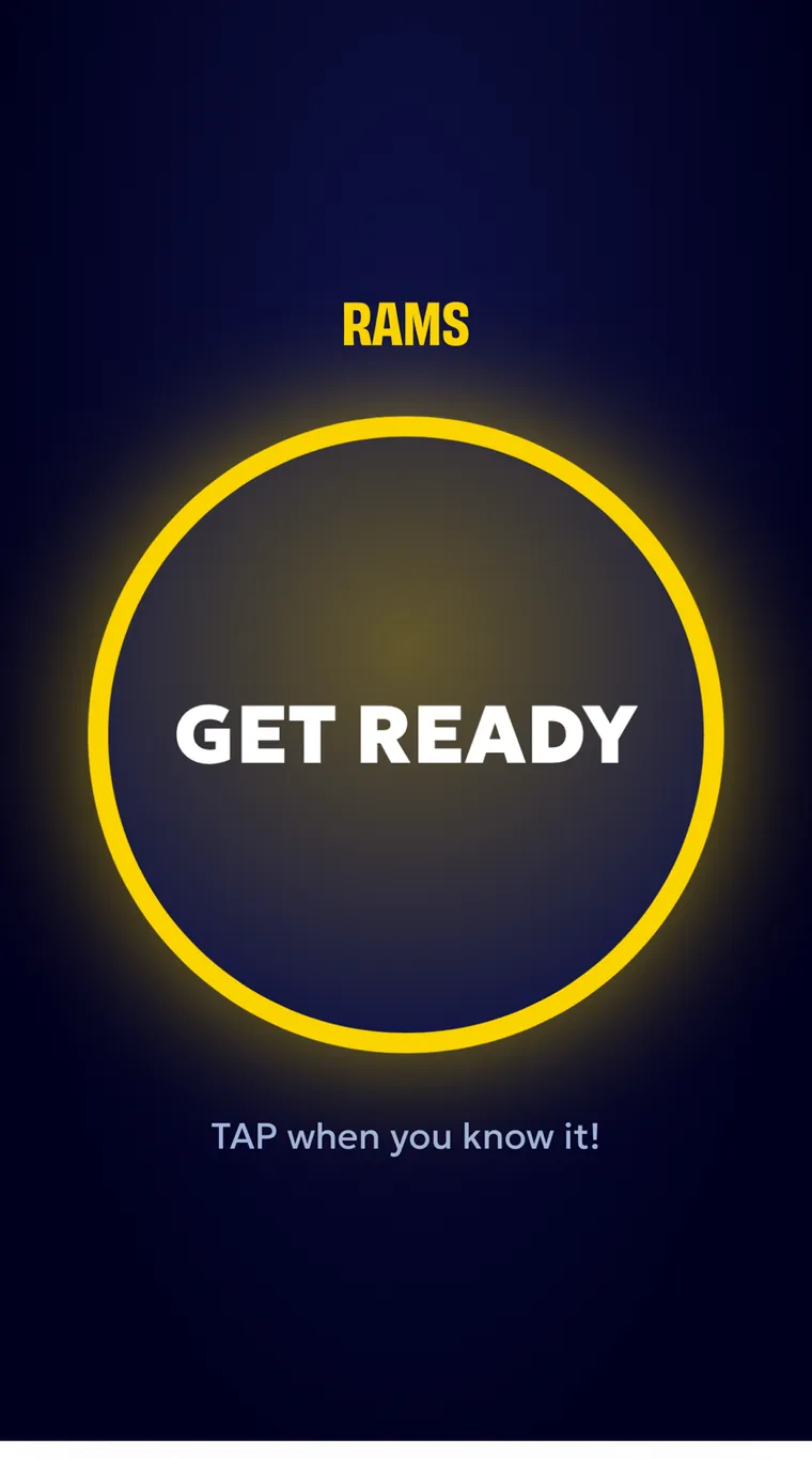 A team buzzer on a player's phone. The team name RAMS sits above a large yellow circle reading GET READY, with the line TAP when you know it underneath.
