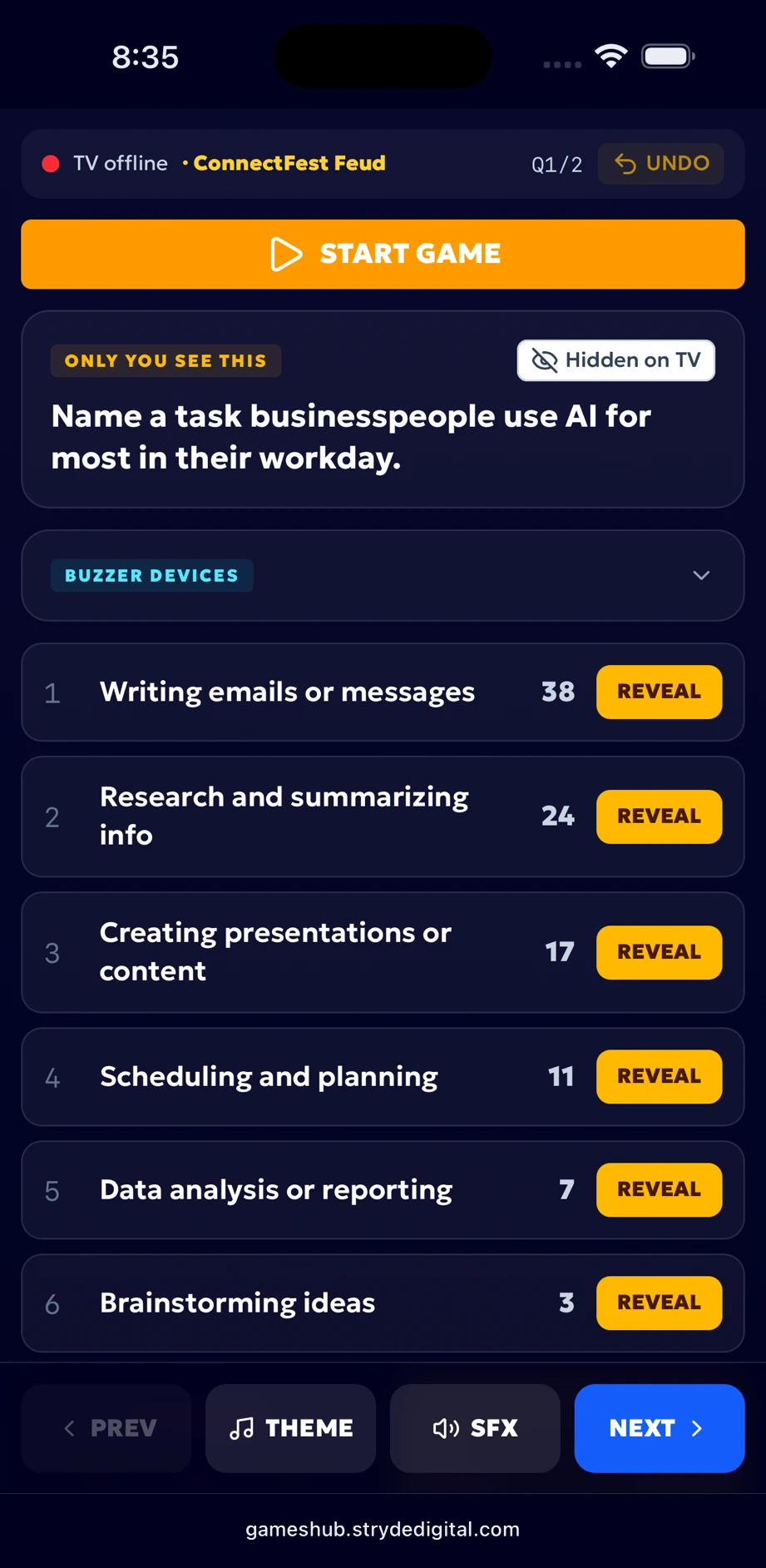The Stryde Game Hub host controller running on a phone: the question marked “only you see this” and “hidden on TV”, six answers each with its point value and its own reveal button, an undo control in the header, and round navigation along the bottom.